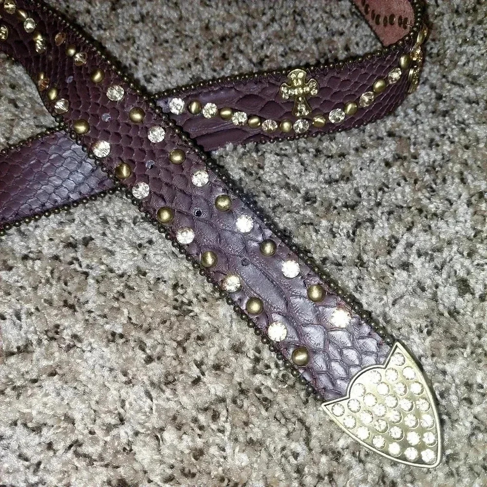Brown Genuine leather rhinestone, studded and crosses Rodeo bling belt. SIZE M - Picture 6 of 13